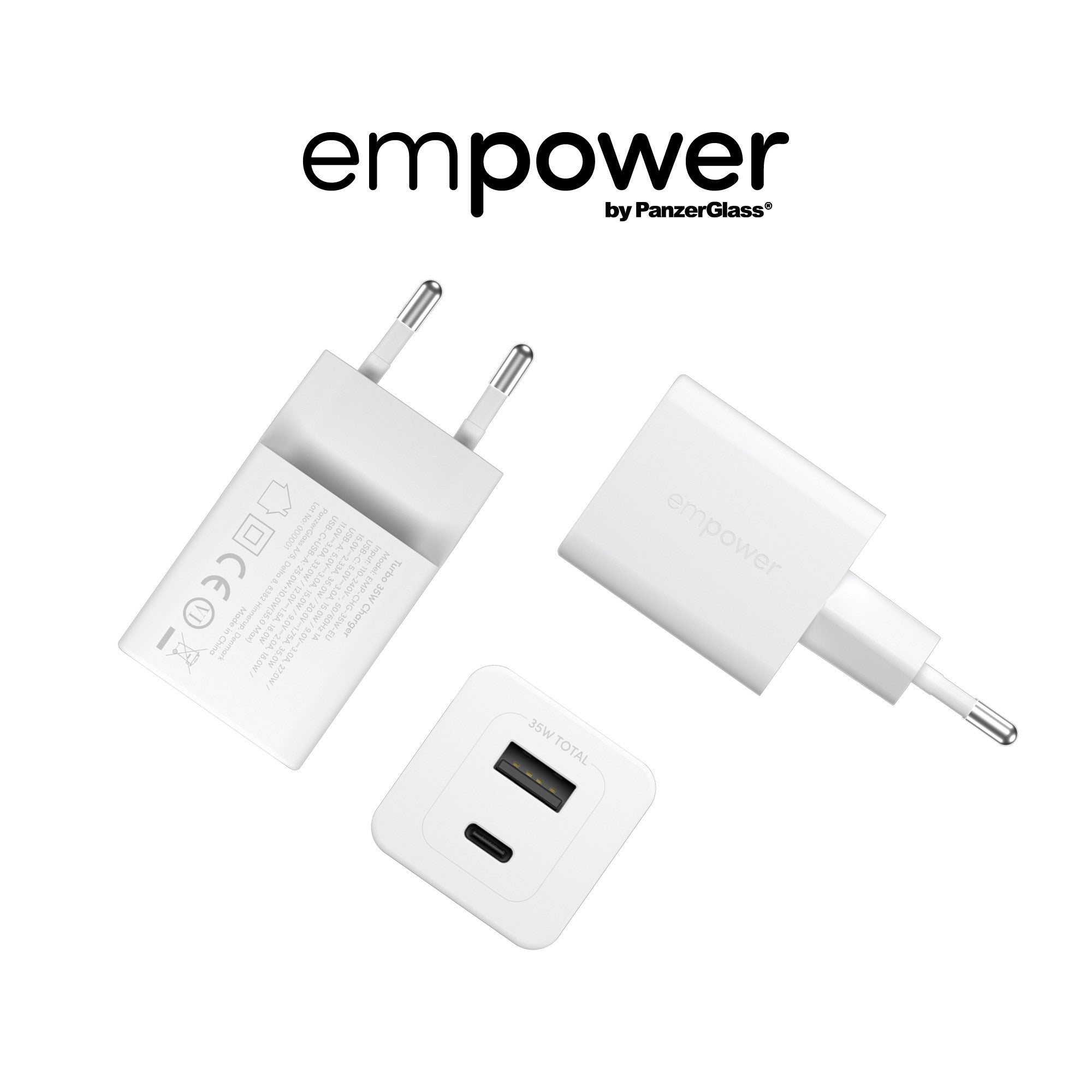 empower™ by PanzerGlass® Turbo 35W Oplader inkl. USB-C + USB-A | EU Stik | Silver White